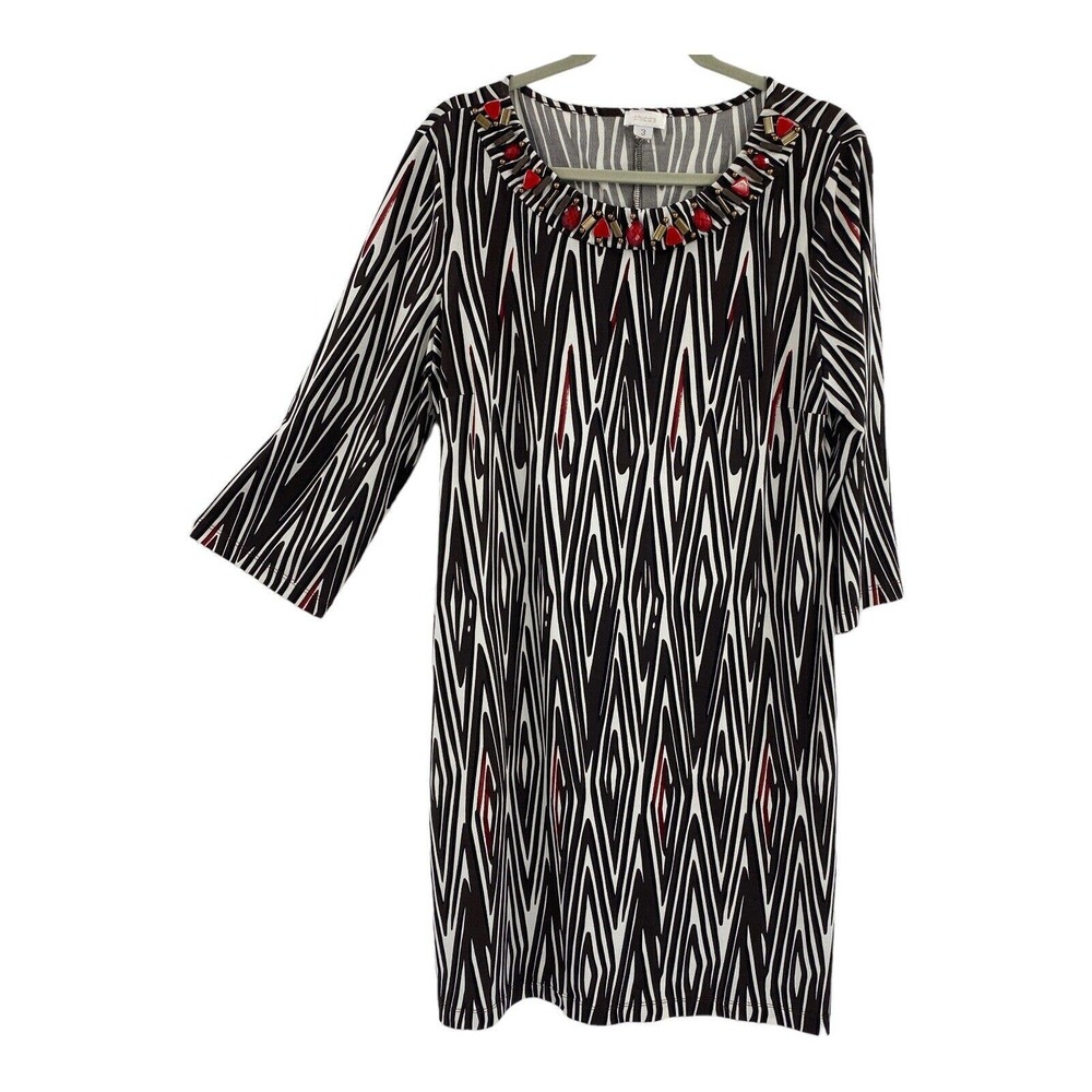 Chicos 3 Beaded Neck line Shift Dress Zebra Striped 3/4 Sleeve Size XL